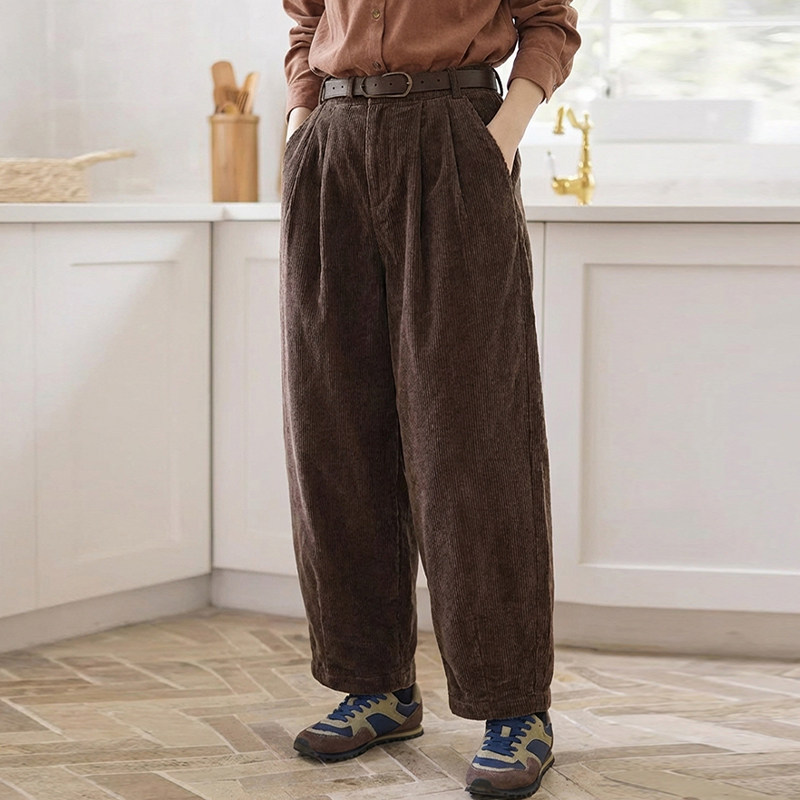 知笔墨2025冬款栗咖色进口布料复古灯芯绒松紧腰萝卜裤,女装/女士精品,休闲裤,淘宝优惠券,粉丝福利购,淘宝优惠卷