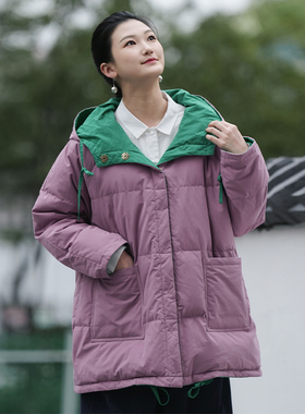 知笔墨95白鹅绒极寒防风连帽短款保暖双面穿羽绒服 绿撞粉外套