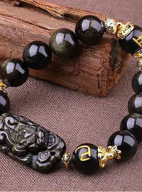 天然金曜石蛇鸡牛:八方吞财金曜石三合六合禄神貔貅水晶手链