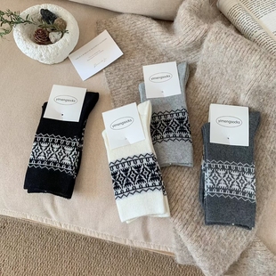 双路棉袜费尔岛风袜子女士中筒袜秋冬新款 复古民族风堆堆袜女袜