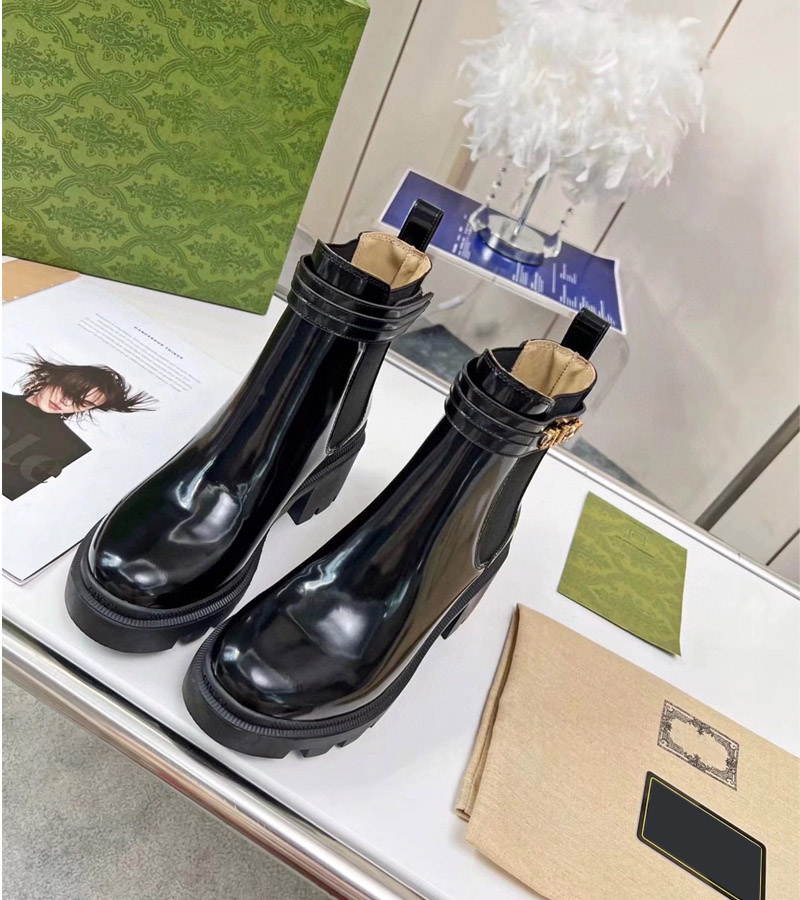 粗跟短靴真皮牛皮切尔西女靴厚底增高靴金属字母机车靴烟筒靴