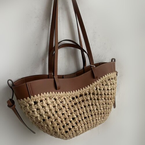 复古干邑色拉菲草款手提单肩包