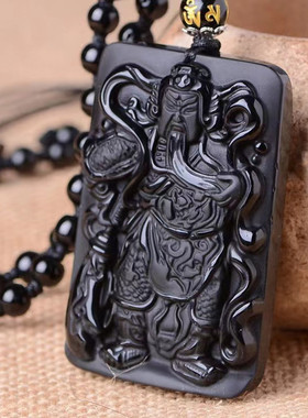 时尚复古门神关公项链天然黑曜石关公吊坠挂坠男女礼物