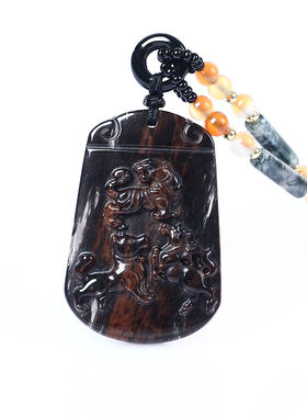 天然红竹石三合黑曜石吊坠项链