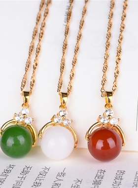 球形吊坠新疆和田白玉碧玉饰品镶嵌天然红玉项链玉坠18kK金首饰女