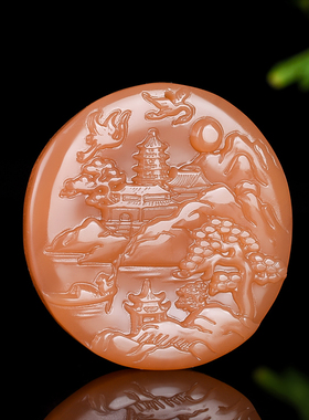 青山新疆和田玉糖料山水意境玉牌吊坠且末糖玉白鹤山水松树项链玉