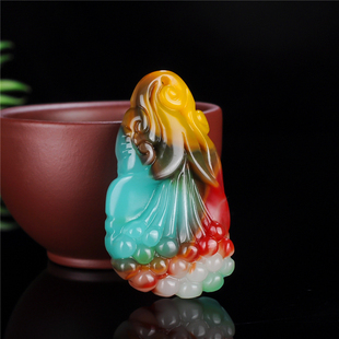 玉器玉器新疆和田玉飘绿花玉牌玉兰花吊坠女款毛衣链挂件 彩玉