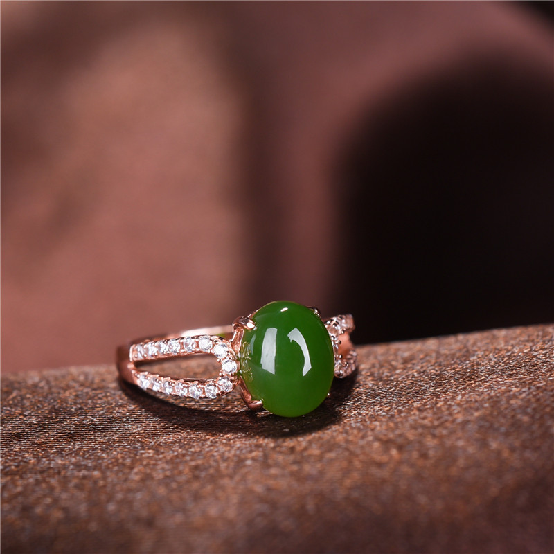 玉器玉石和田玉女款S925银玫瑰金镶碧玉时尚蛋面戒指女友