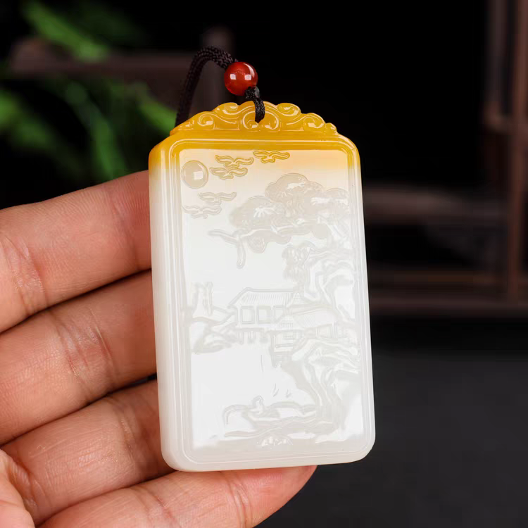 和田玉籽料山水牌吊坠大好河山平安无事牌男款双面精雕玉石挂件