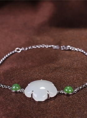 玉器S925银镶玉新疆和田羊脂玉碧玉手链蛋面手串纯银镶嵌女士