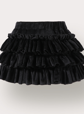 女童黑色金丝绒蓬蓬裙女孩春季高腰显瘦短裙轻奢公主蛋糕裙tutu裙