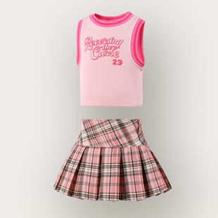 女童夏季学院风百褶裙2025儿童短款背心百搭格子可爱半身短裙套装