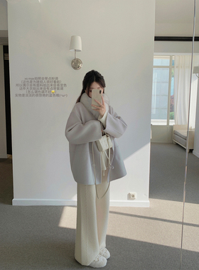 萌萌Ja 蓝灰旧调~100%羊毛双面呢大衣翻领真狐狸毛领上衣外套秋冬