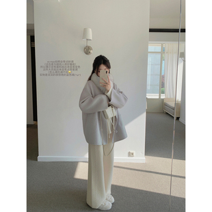 萌萌Ja 100%羊毛双面呢大衣翻领真狐狸毛领上衣外套秋冬 蓝灰旧调