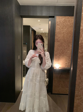 萌萌Ja 幻境升级~全棉气质蕾丝白色连衣裙重工高级感方领显瘦长裙