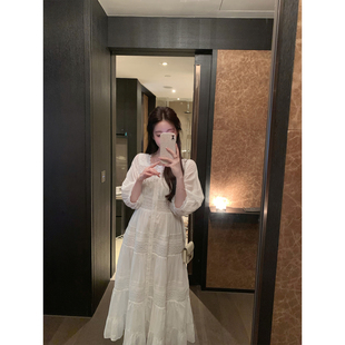 萌萌Ja 幻境升级~全棉气质蕾丝白色连衣裙重工高级感方领显瘦长裙