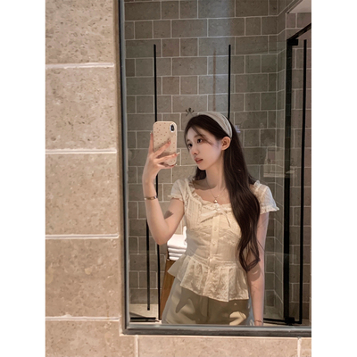 萌萌Ja短袖白衬衫上衣蕾丝衬衣