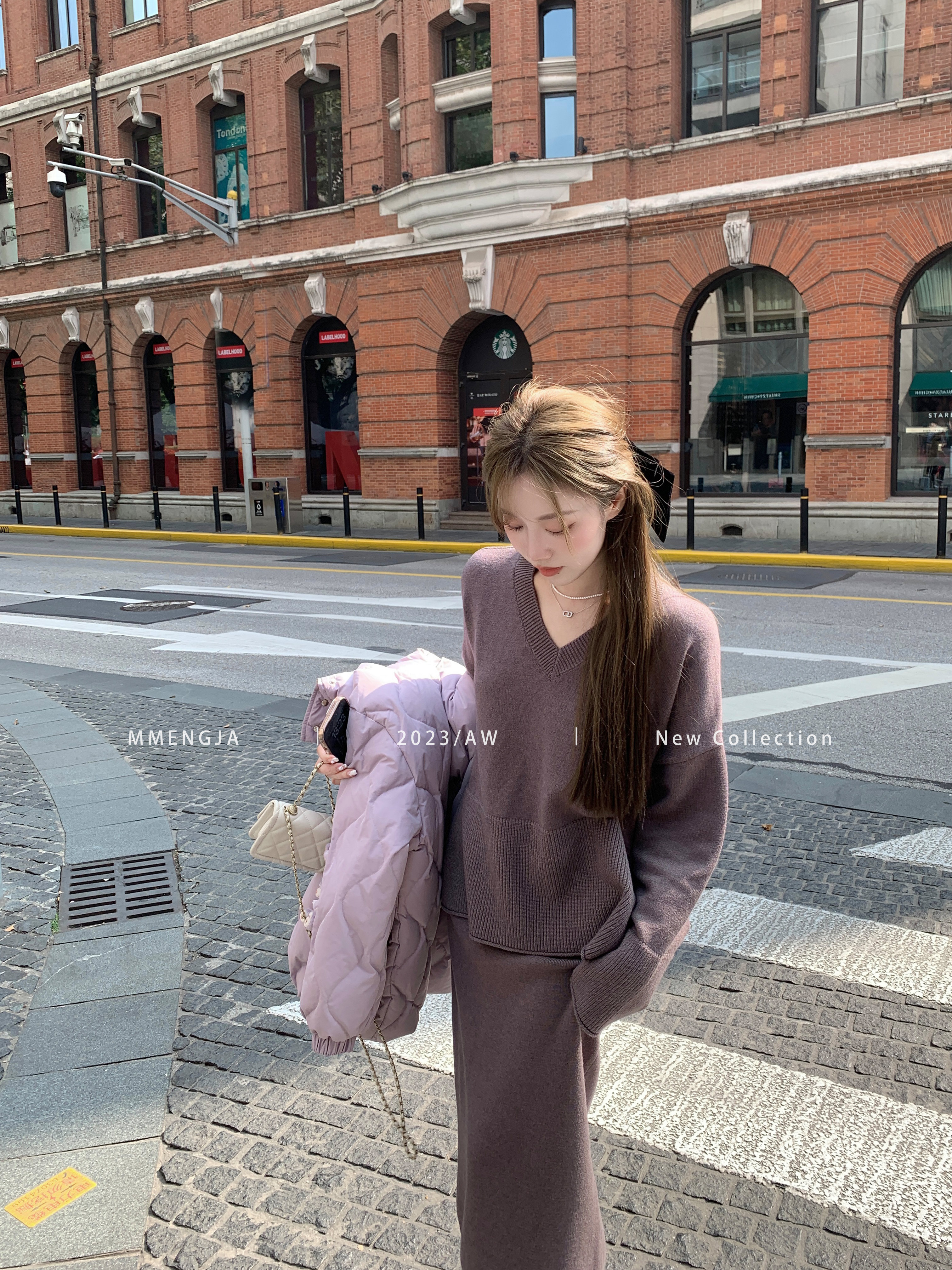 萌萌Ja」星空紫侧开叉针织套装