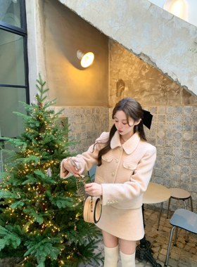 萌萌Ja」 奶油cookie 千金感学院风毛呢外套气质a字半身裙套装女