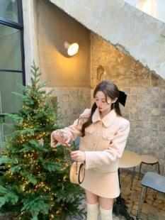 女 千金感学院风毛呢外套气质a字半身裙套装 萌萌Ja」 奶油cookie