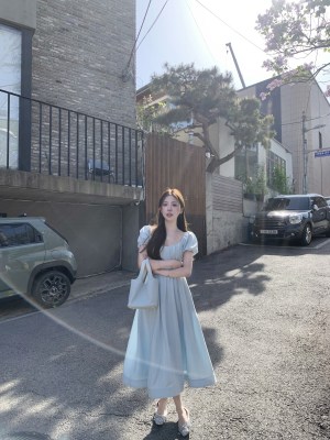 萌萌Ja泡泡袖长款连衣裙baby蓝女