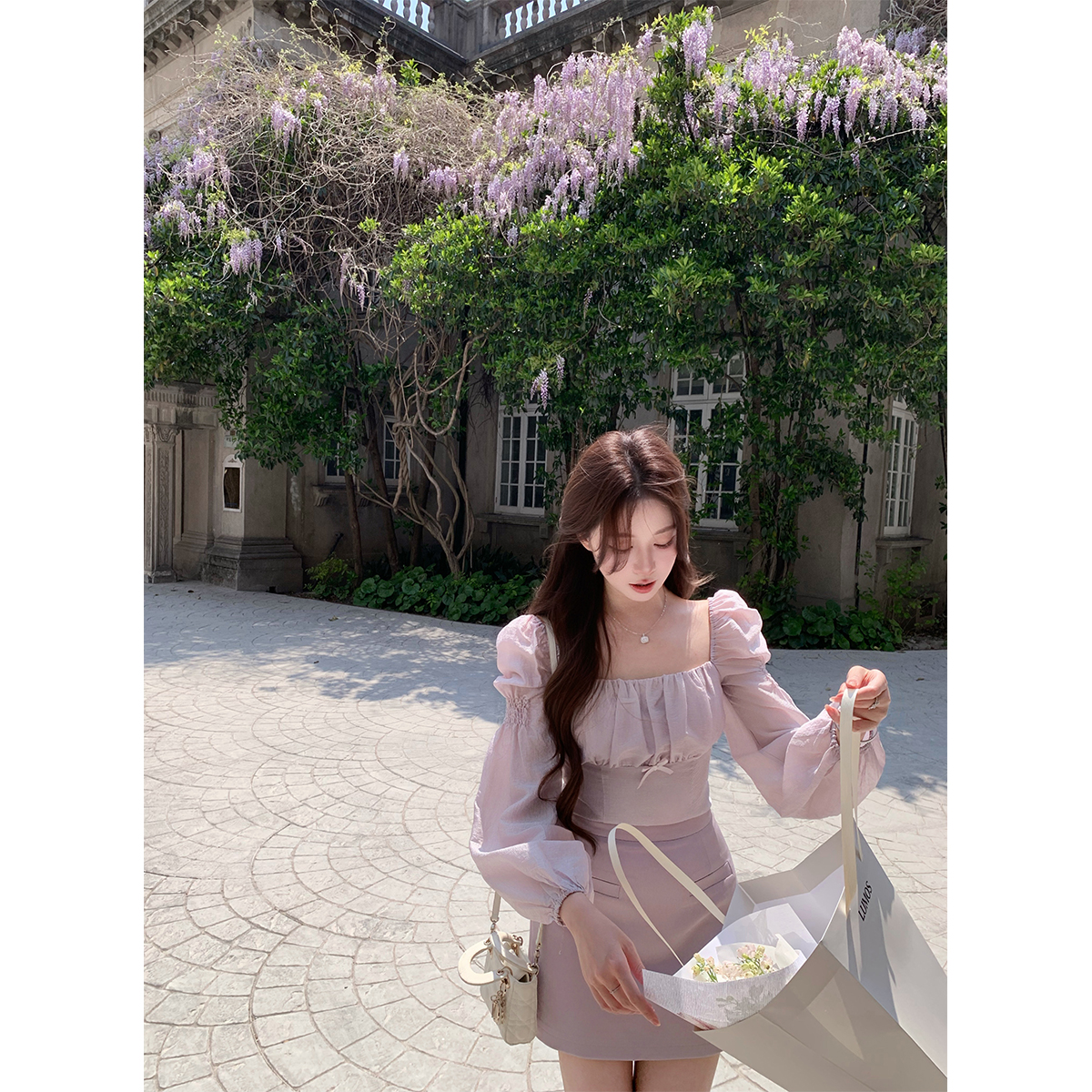 萌萌Ja泡泡袖上衣A字半身裙套装