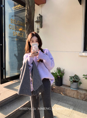 MMENGJA」看济州岛下雪 厚实baby紫色宽松混纺羊毛毛衣女秋冬