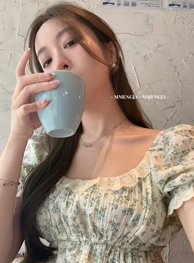 萌萌Ja」 铃兰清 小清新蓝绿色碎花短袖上衣女小众方领花边衬衫夏