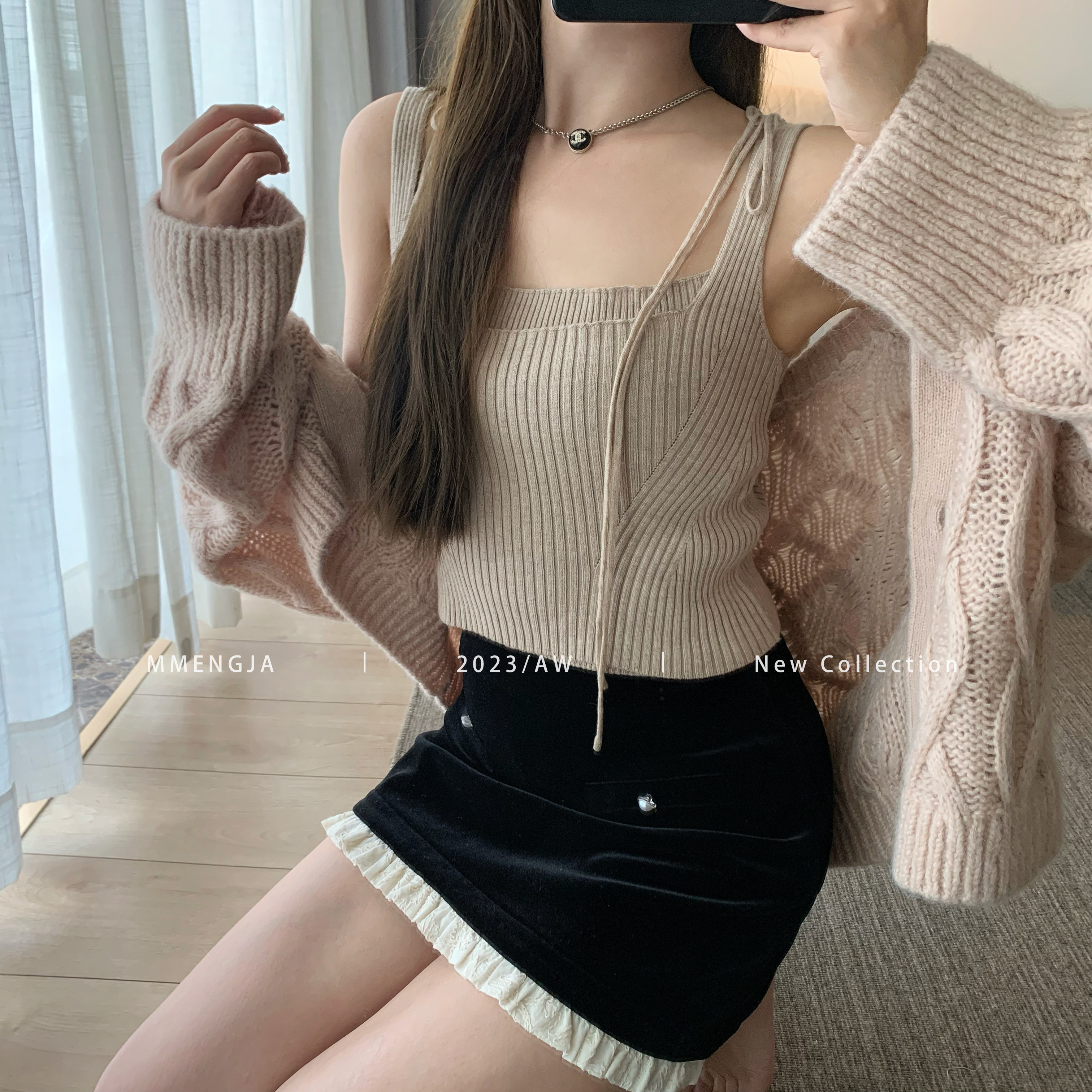 萌萌Ja」假两件针织吊带打底