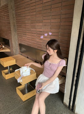 萌萌Ja」紫铃兰 气质通勤紫色蝴蝶结上衣短袖T