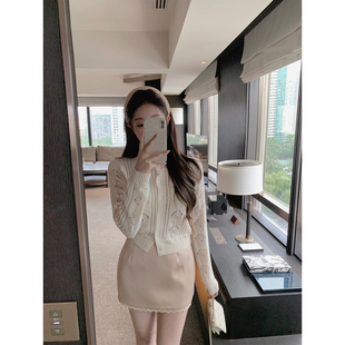 萌萌Ja 梧桐雅织~米色镂空清雅温柔针织开衫百搭气质毛衣秋季上衣