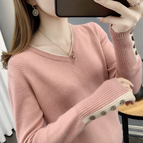 Трикотажный демисезонный свитер, приятный телу лонгслив, коллекция 2022, V-образный вырез, в западном стиле, оверсайз