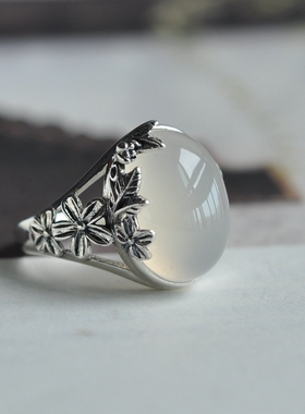 北桑纯银镶玉髓个性活口女戒指