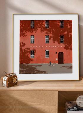 Every day is a new day极简装饰画红色建筑风景小众艺术客厅挂画