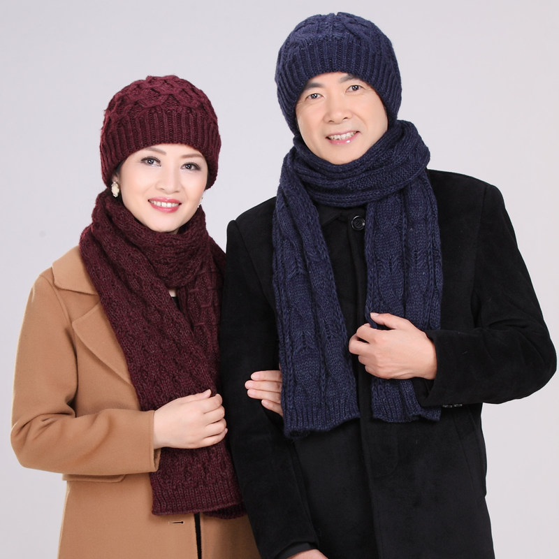 男女情侣套格纹加宽老头围巾帽子