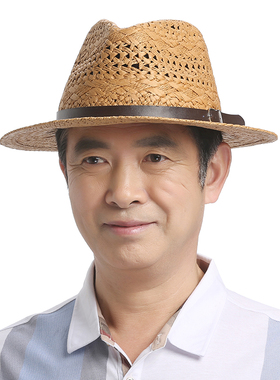 草帽中年老人爸爸手工编织帽子