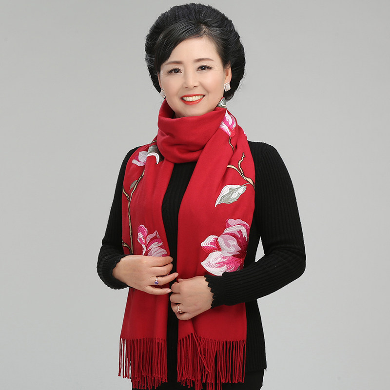 刺绣花妈妈奶奶保暖老人围巾女士