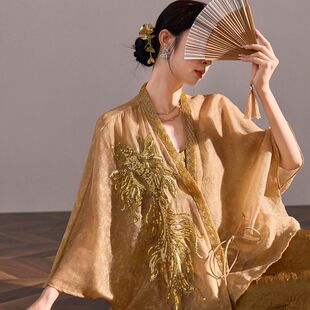 高级感轻奢宽松上衣 女装 M5061 老钱风绣珠金色人丝衬衫 国风新中式