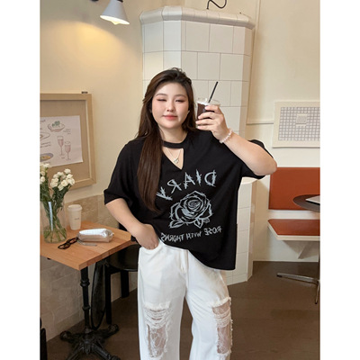 夏季新款百搭大码上衣印花玫瑰