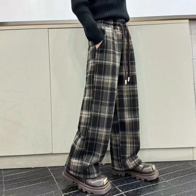 女童加绒裤子2025新款秋冬款儿童格子阔腿裤中大童休闲直筒长裤潮