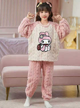 加厚秋爆款气质卡通女童家居服冬季宝宝童法兰绒套装儿童睡衣女孩