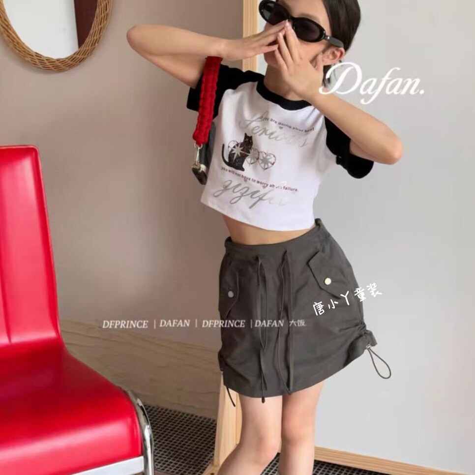 DF大饭女童半身裙夏季薄款纯棉时尚黑色简约显瘦抽绳辣妹风短裙