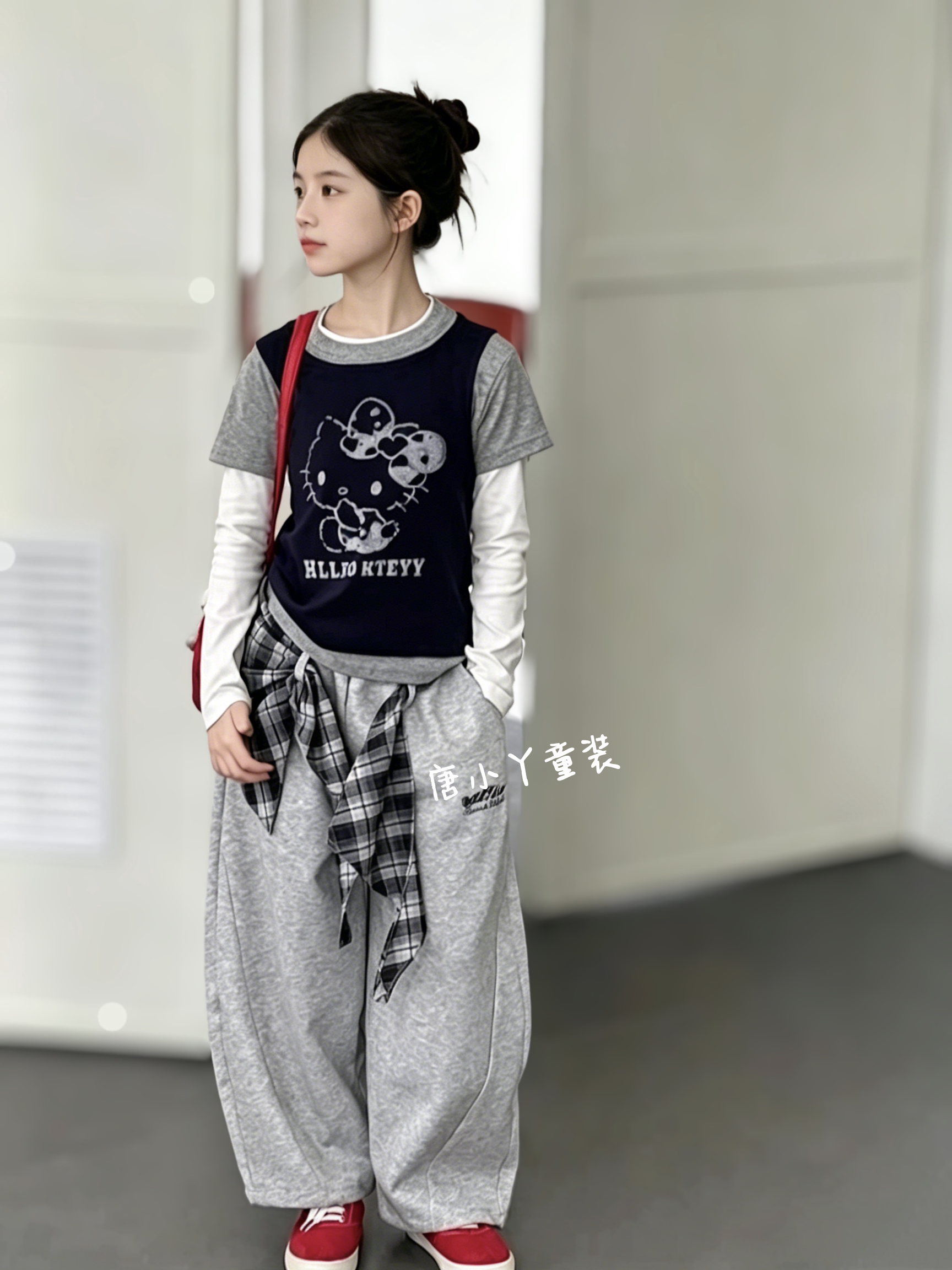女童KT假三件套装春秋辣妹风长袖T弹力棉拼接修身打底衫+弯刀卫裤