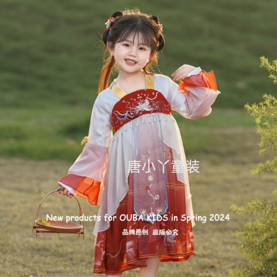 ouba汉服女童红色古风唐装秋季新款中国风女童齐胸襦裙中秋演出服