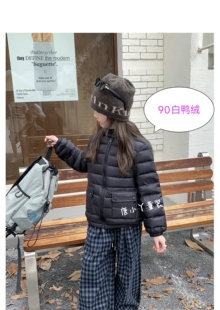 伯尼贝贝中大童排骨羽绒服90绒短款纯黑色高充绒量校服神器外套z