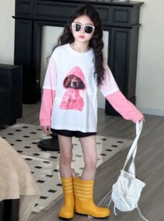 女童纯棉长袖T恤春秋款带帽小狗假两件卡通外穿青少年卫衣z