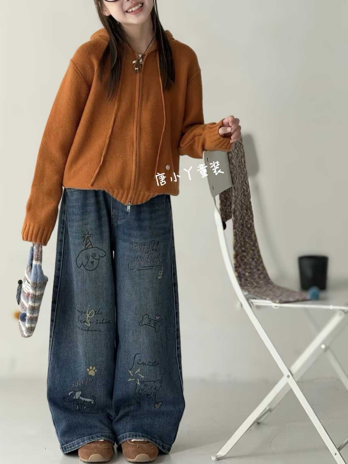 女童涂鸦直筒牛仔裤秋款韩版宽松大童青少年高棉柔软烟管裤l
