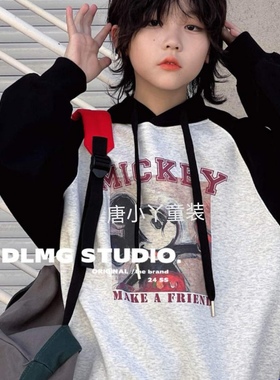 哆啦米果米奇卫衣黑色插肩袖韩版宽松洋气中性双面针织秋款长袖