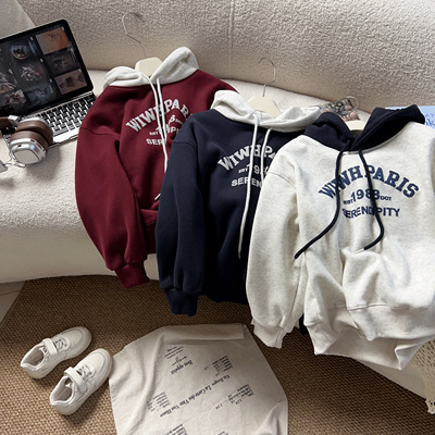 中大童加绒连帽卫衣1988字母韩版撞色奥粒绒套头衫男女童zy