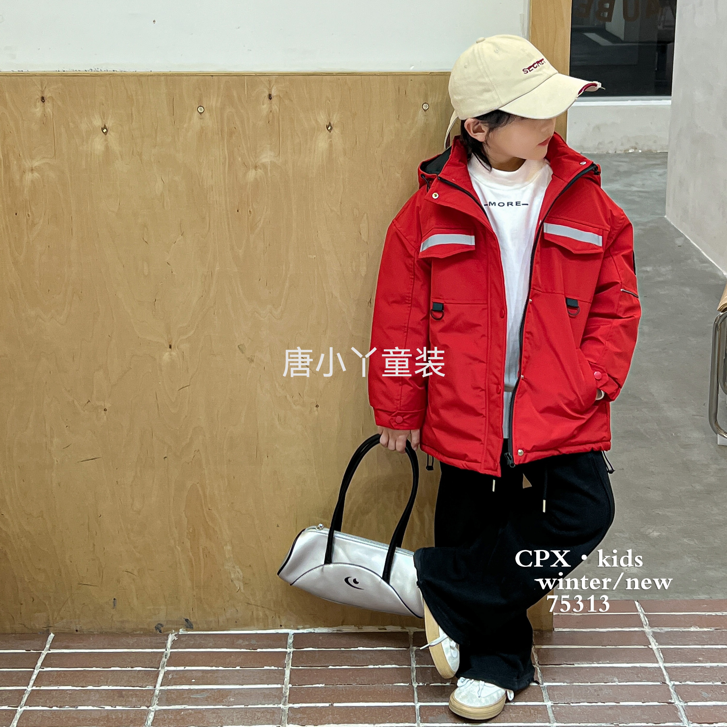 潮牌熊夹棉工装风冲锋衣外套红色秋冬反光条韩版洋气连帽棉服